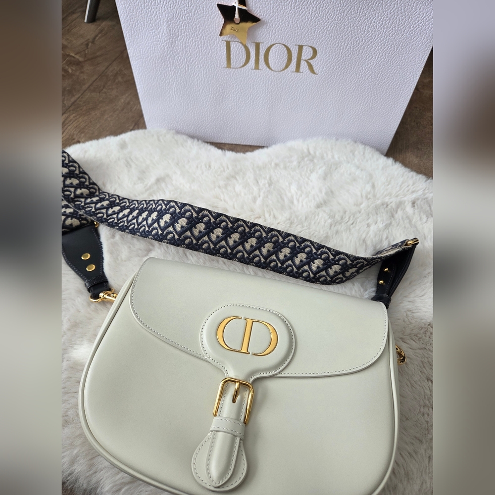 New Dior White Large Bobby Smooth Leather and Bonus Dior Calf Leather Strap